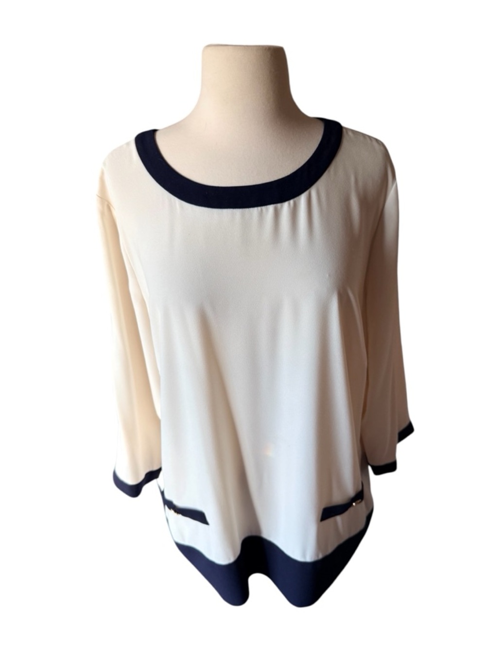 Talbots Plus Size Off-White and Navy Tunic Blouse, 1X